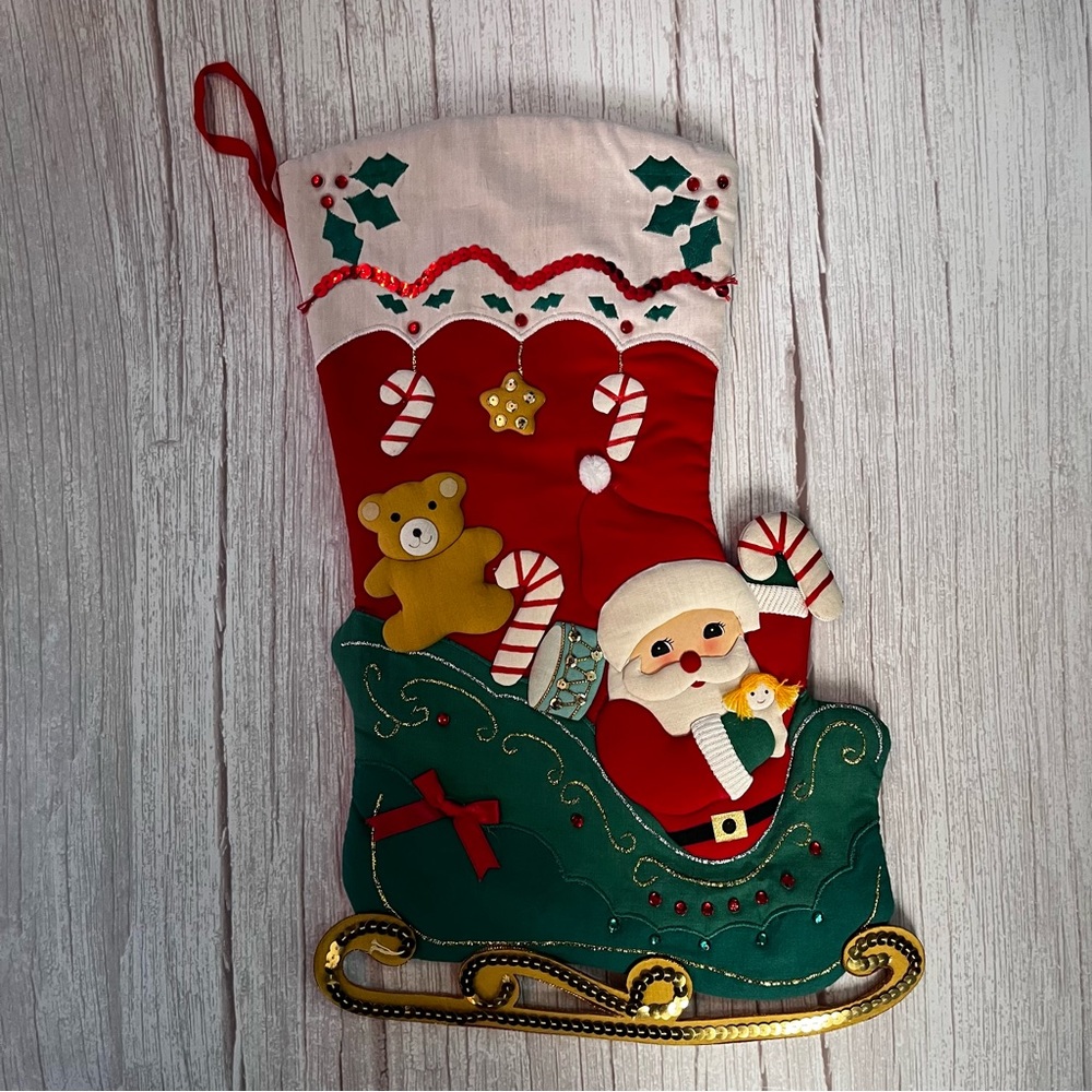 Vtg Bucilla Christmas Stocking Santas Surprises COMPLETED Appliqué Kit 82729